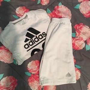 Like new all white bots adidas shorts and shirt